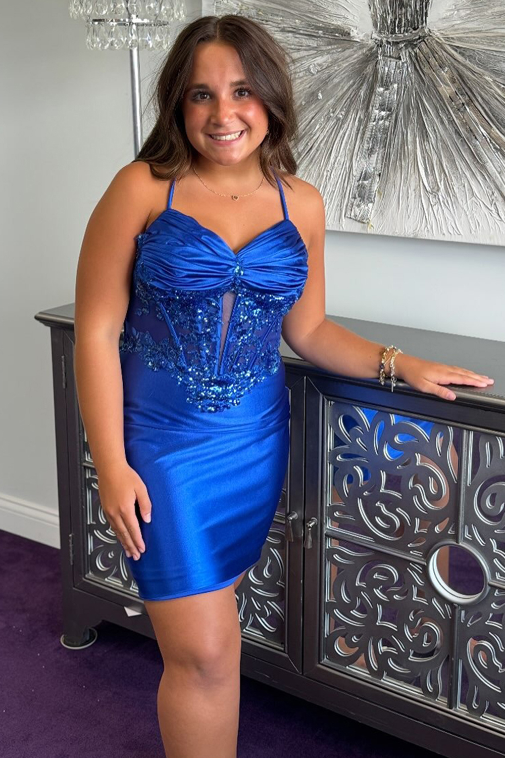 Sparkly Royal Blue Satin Corset Tight Short Homecoming Dress with Sequins