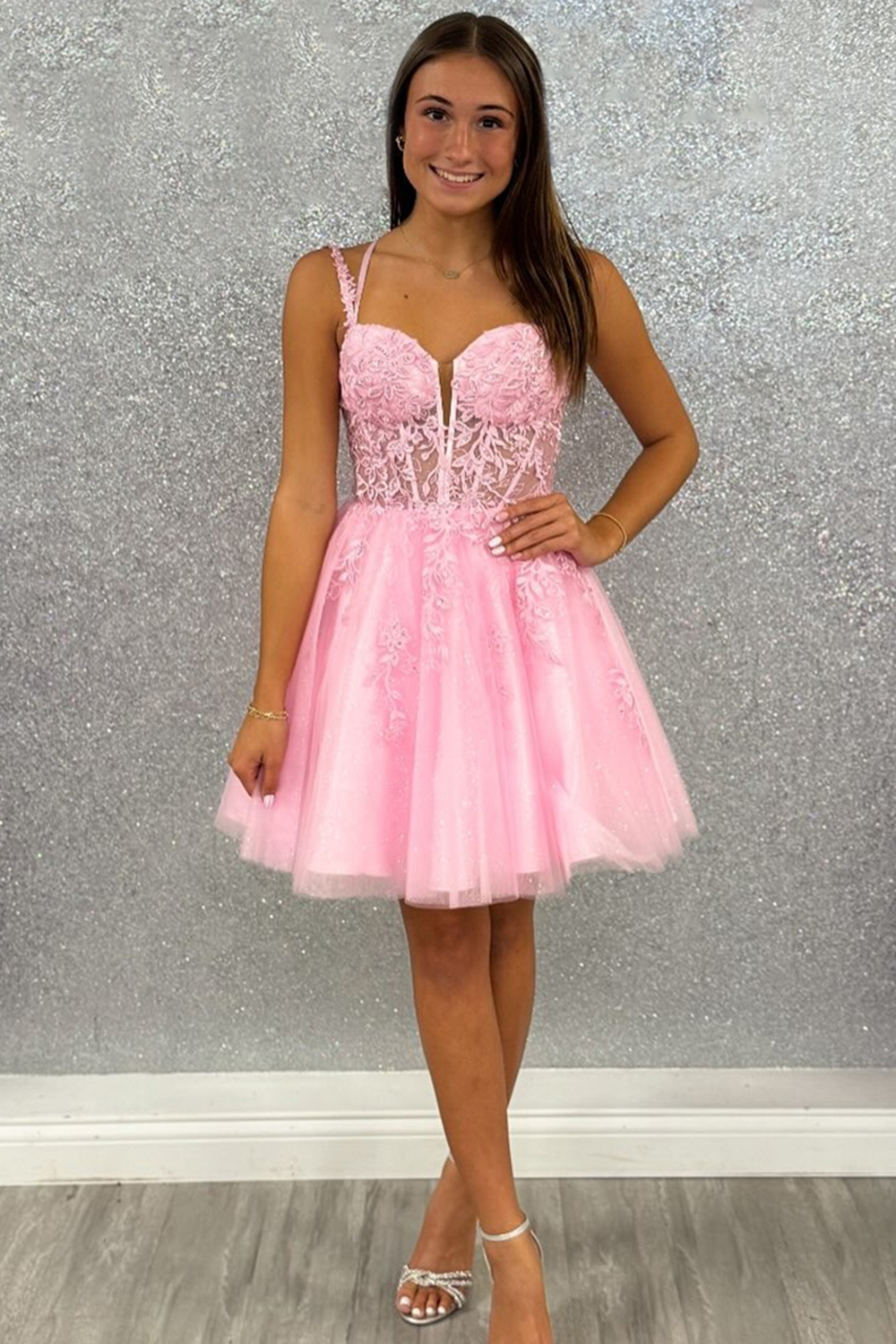 Pink Spaghetti Straps A-Line Tulle Corset Short Homecoming Dress with Appliques