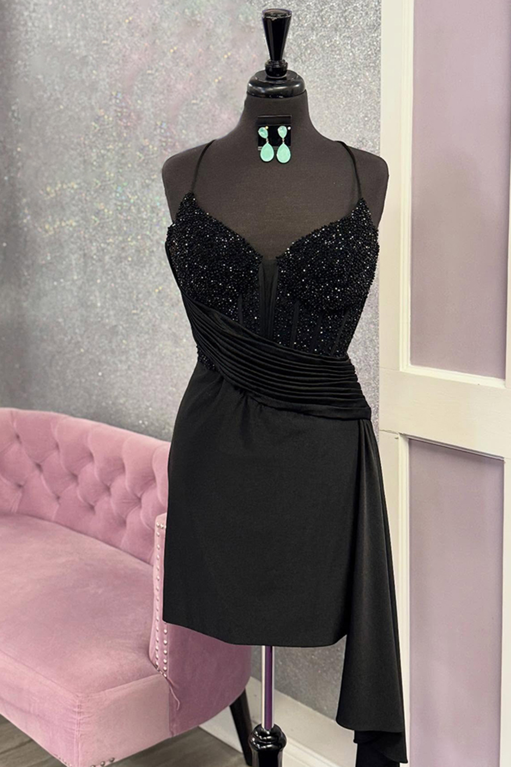 Sparkly Black Satin Ruched Beaded Corset Short Homecoming Dress with Side Cape