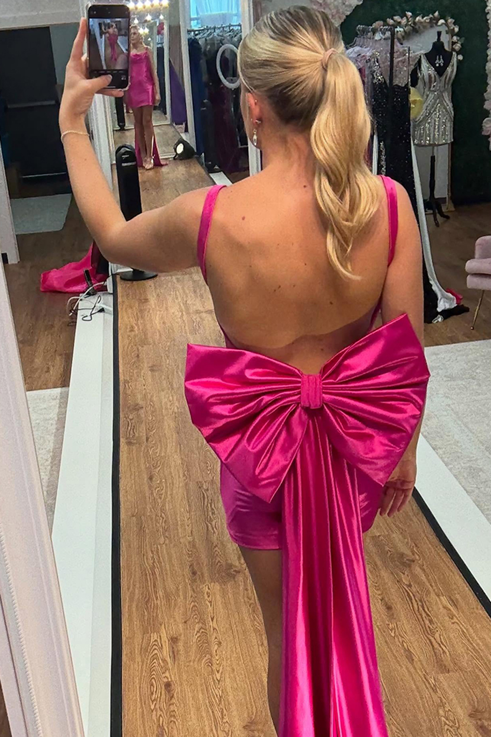 Black Satin Ruched Tight Short Corset Homecoming Dress with Bow