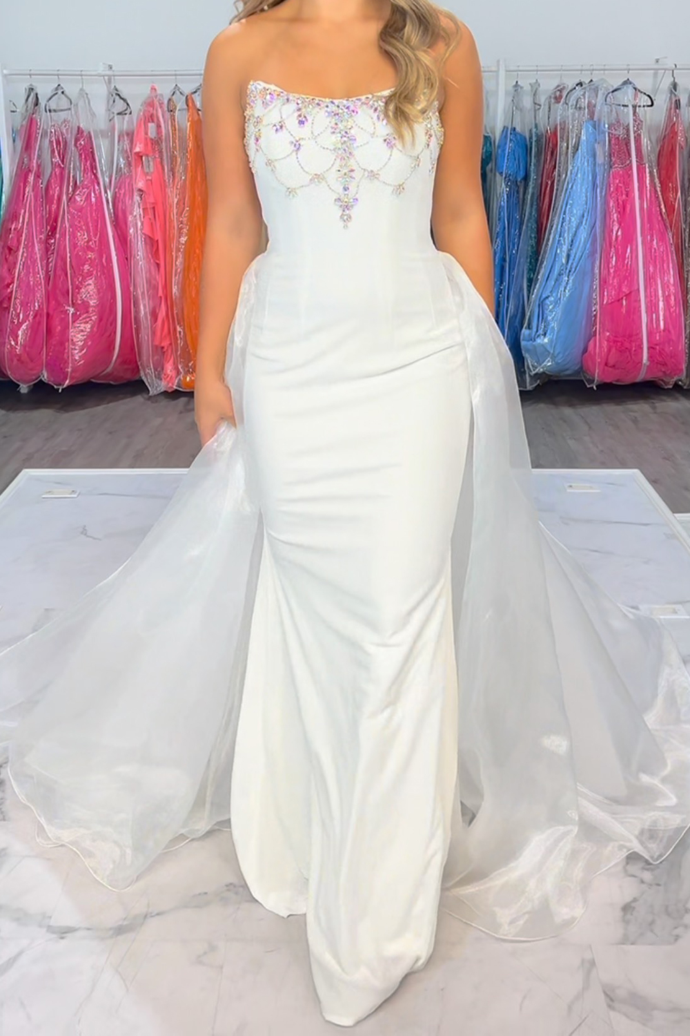 Sparkly White Strapless Mermaid Satin Long Velvet Prom Dress with Beading
