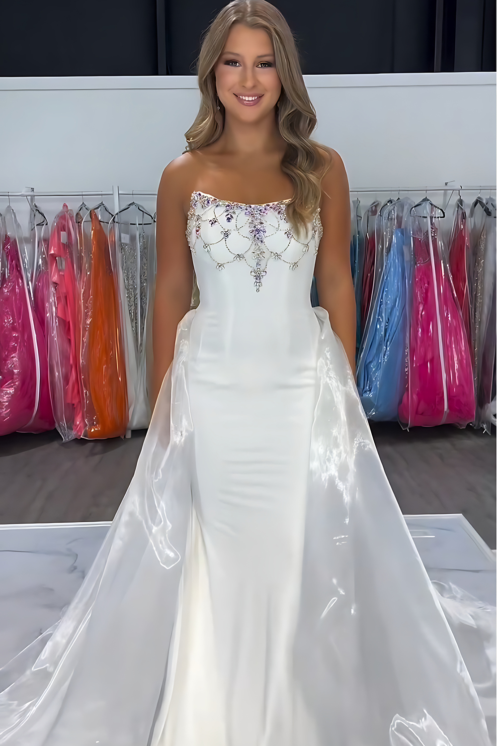 Sparkly White Strapless Mermaid Satin Long Velvet Prom Dress with Beading