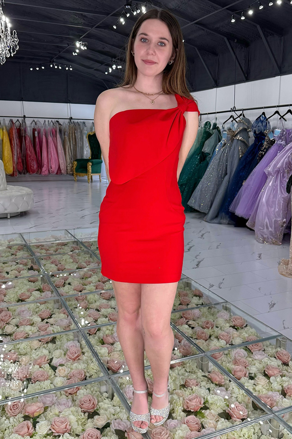 Red One Shoulder Satin Tight Short Homecoming Dress with Bow