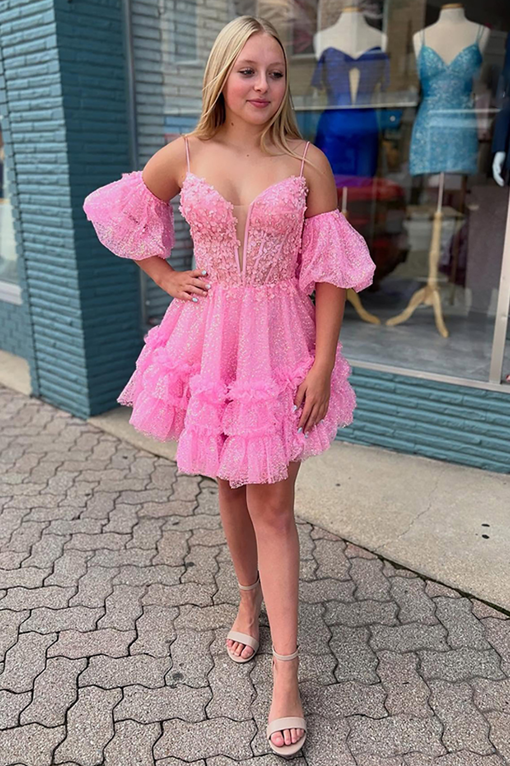 Sparkly Pink Spaghetti Straps Ruffled A-Line Corset Short Homecoming Dress with Appliques