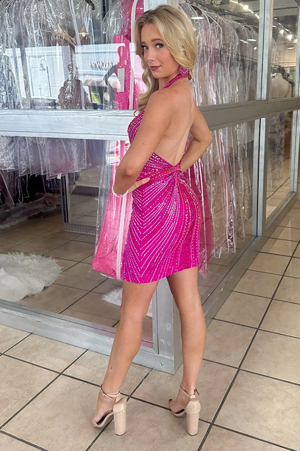 Sparkly Fuchsia Beaded Halter Tight Short Homecoming Dress with Slit