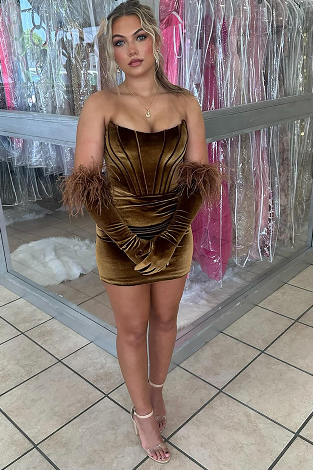 Coffee Strapless Velvet Tight Corset Short Homecoming Dress (Gloves Not Included)