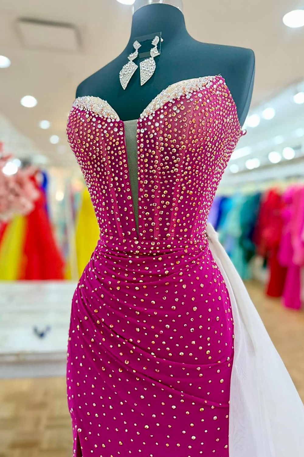 Sparkly Fuchsia Sweetheart Beaded Mermaid Long Prom Dress with Slit