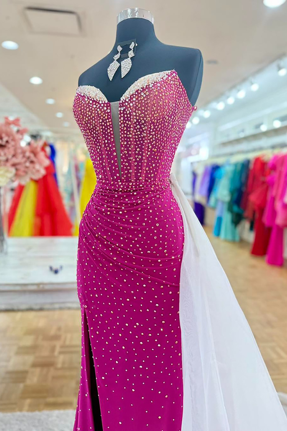 Sparkly Fuchsia Sweetheart Beaded Mermaid Long Prom Dress with Slit