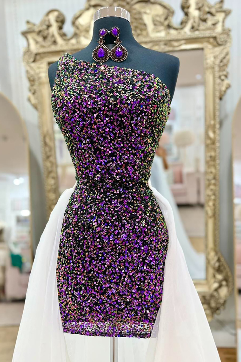 Sparkly Purple One Shoulder Sequin Tight Short Homecoming Dress with Cape