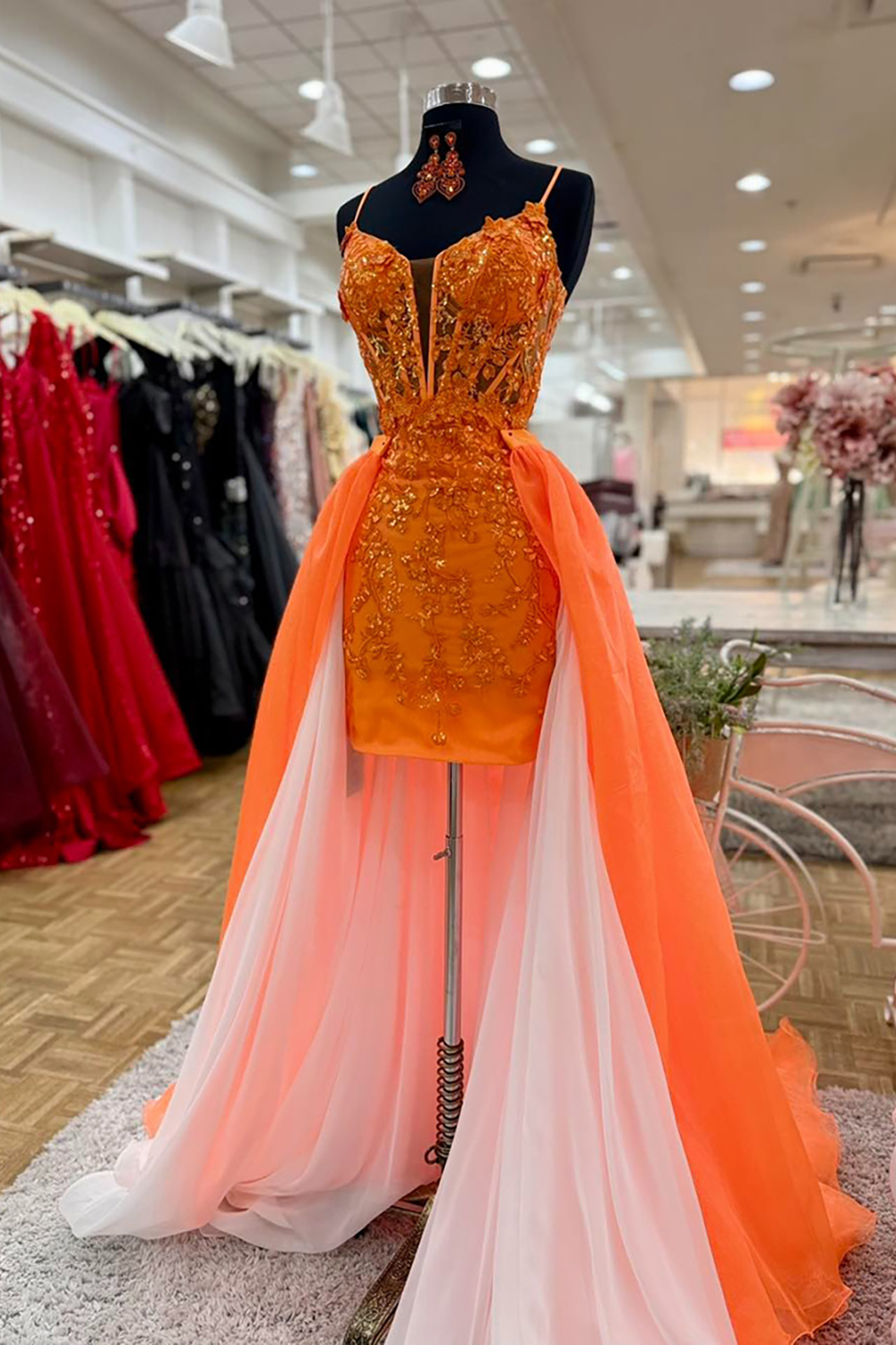 Sparkly Orange Sequin Tight Appliqued Short Corset Homecoming Dress with Cape