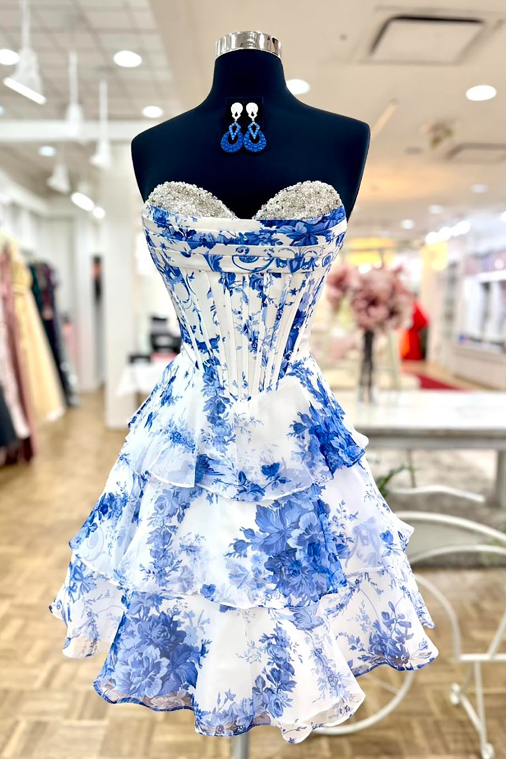 Blue Floral Chiffon Ruffled A-Line Short Corset Homecoming Dress with Beading