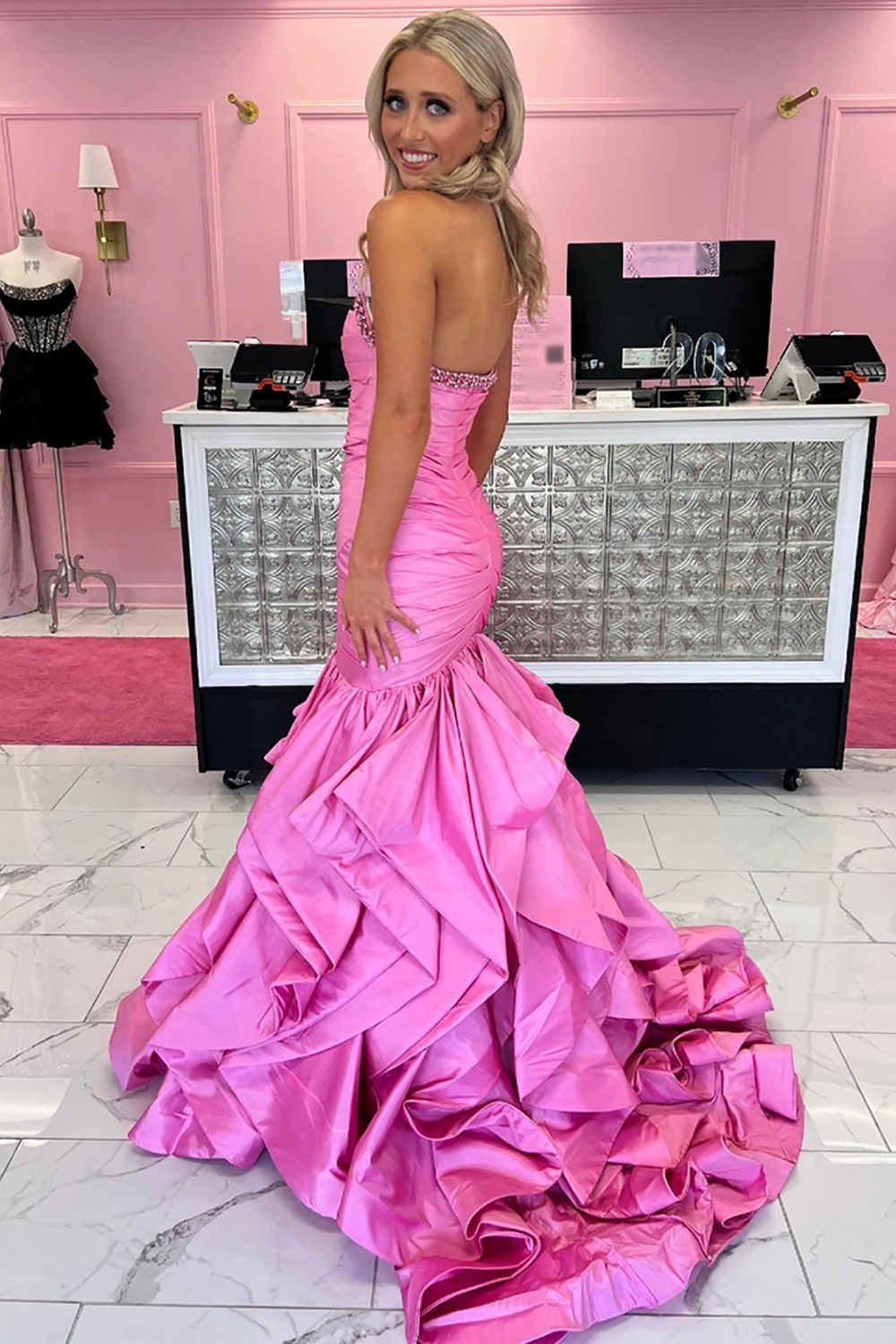 Pink Strapless Satin Ruffled Mermaid Long Prom Dress with Beading
