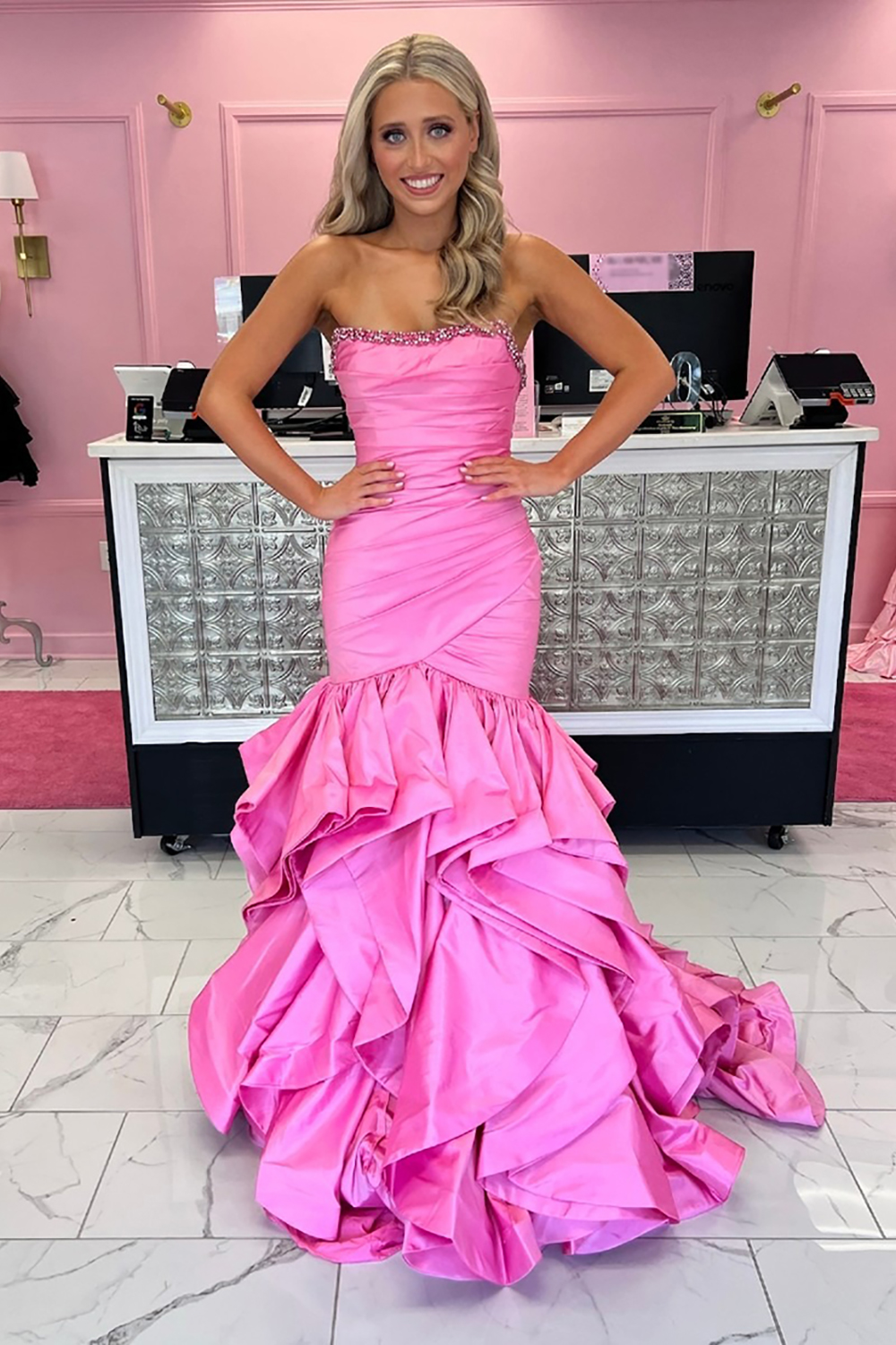 Pink Strapless Satin Ruffled Mermaid Long Prom Dress with Beading