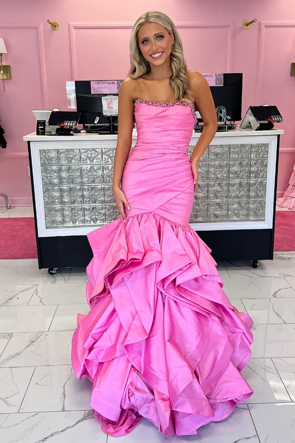 Pink Strapless Satin Ruffled Mermaid Long Prom Dress with Beading