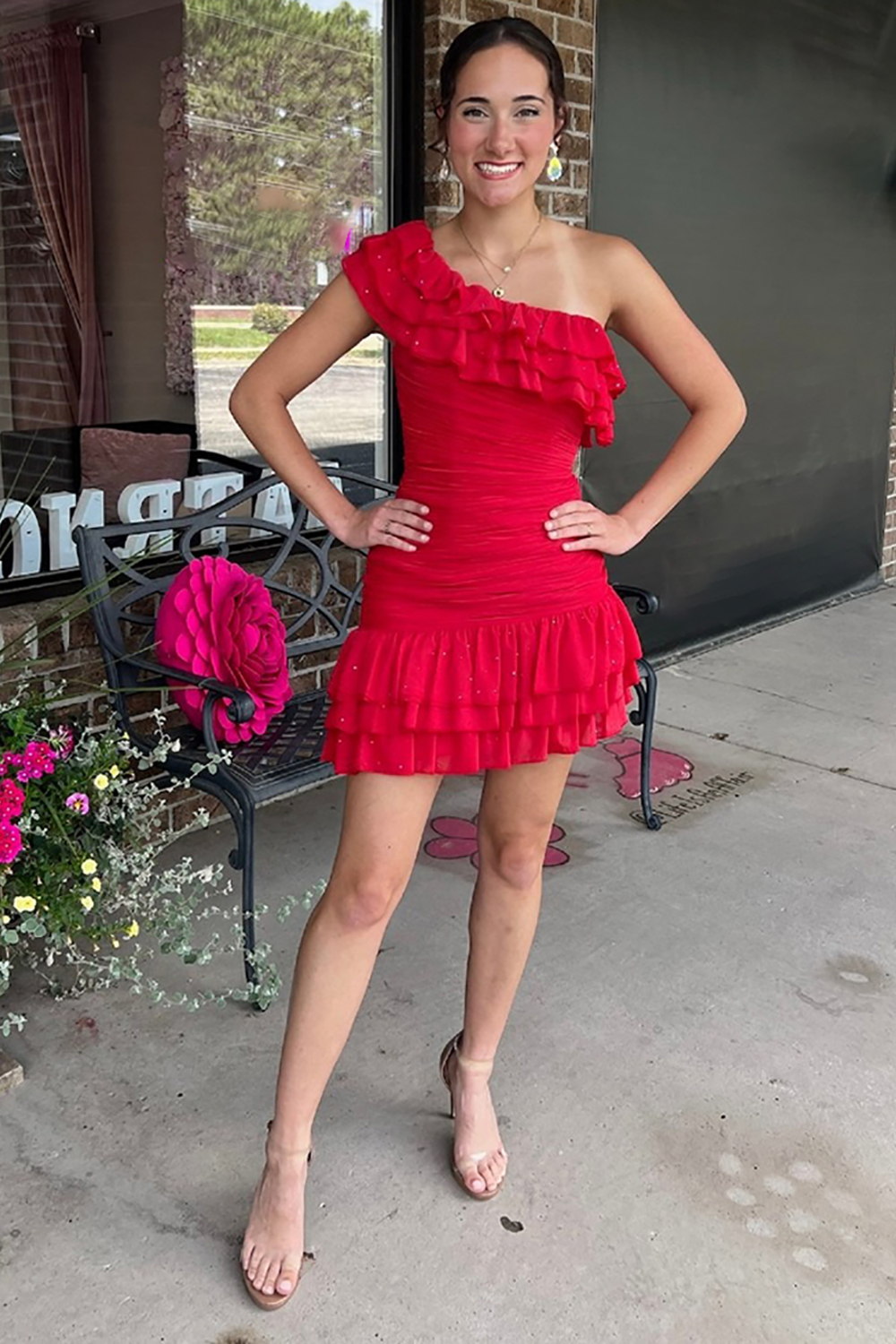 Red One Shoulder Ruffled Tight Short Homecoming Dress with Beading