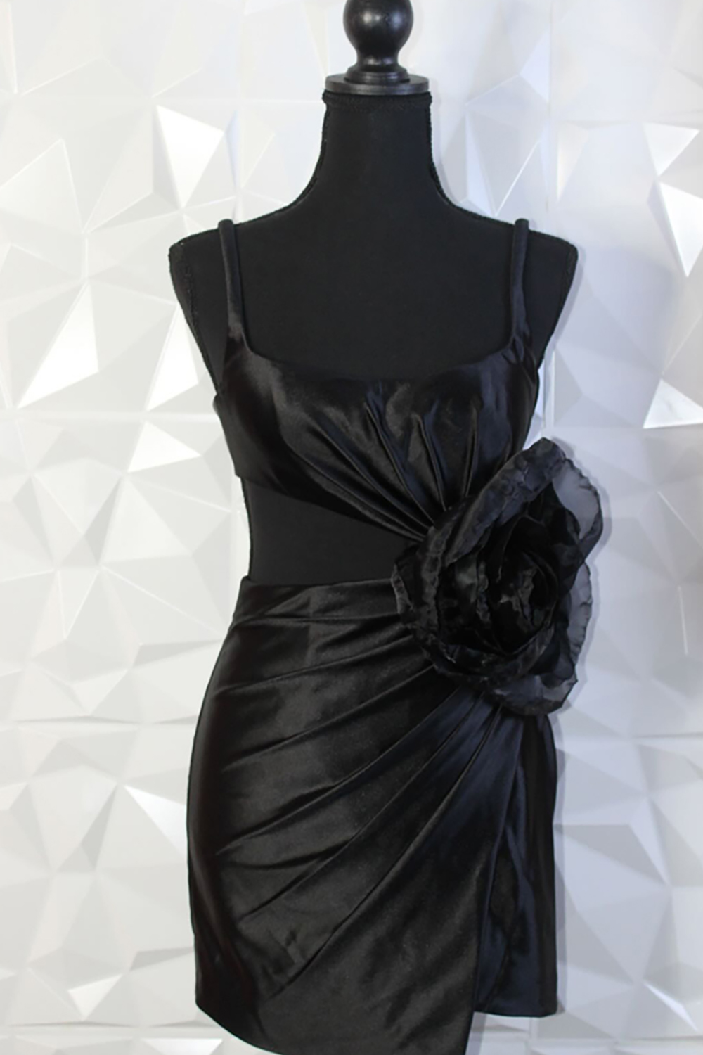 Black Spaghetti Straps Satin Tight Short Homecoming Dress with 3D Flowers