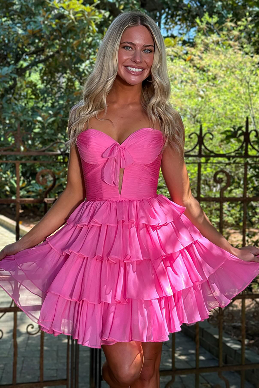 Light Blue A Line Sweetheart Short Tiered Homecoming Dress with Bow