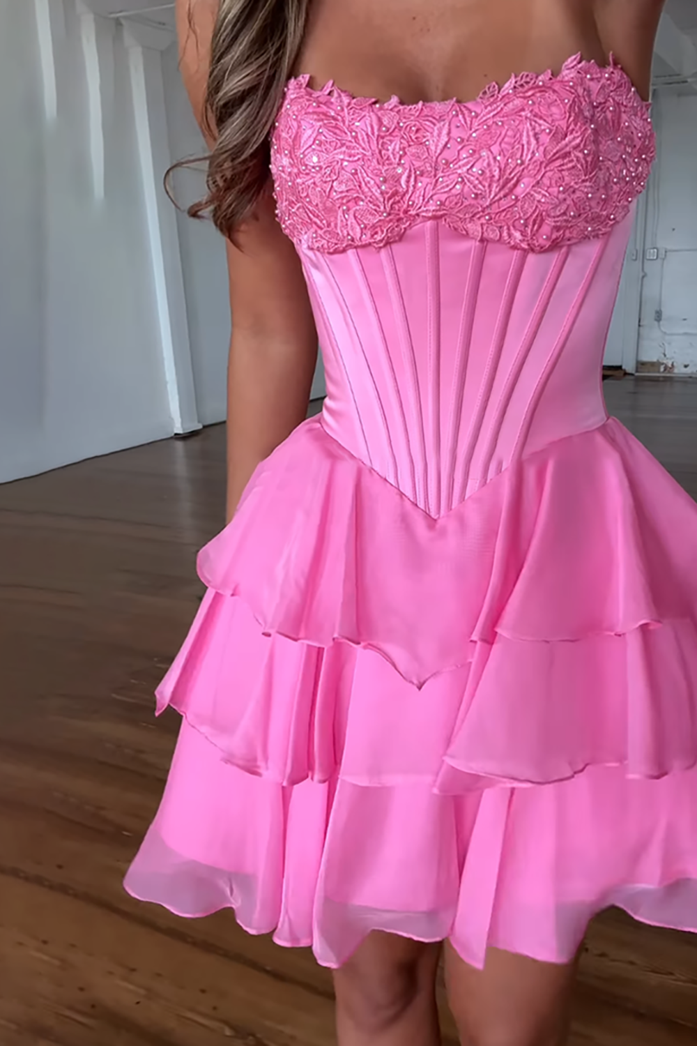 Pink Strapless A-Line Ruffled Corset Short Homecoming Dress with Appliques