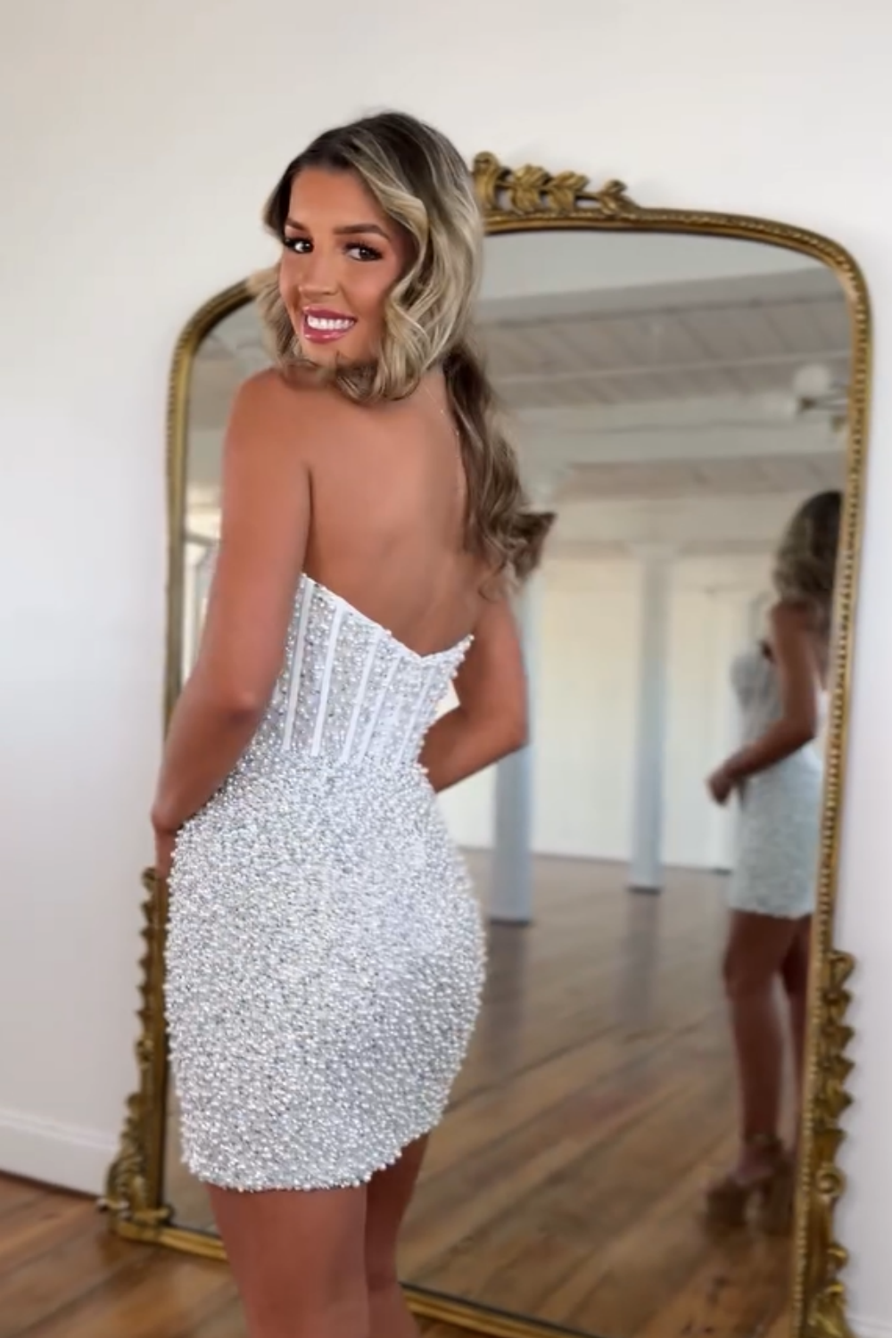 Sparkly Silver Strapless Tight Corset Short Homecoming Dress with Beading