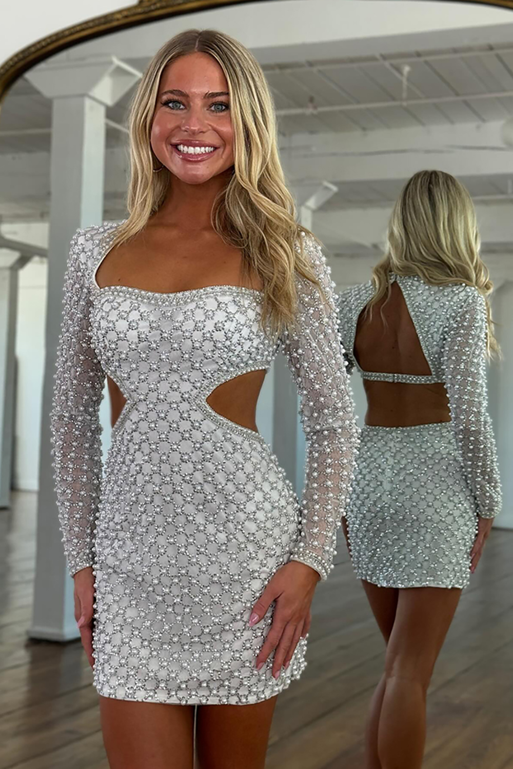 Sparkly Silver Beaded Tight Cut-Out Short Homecoming Dress with Sleeves