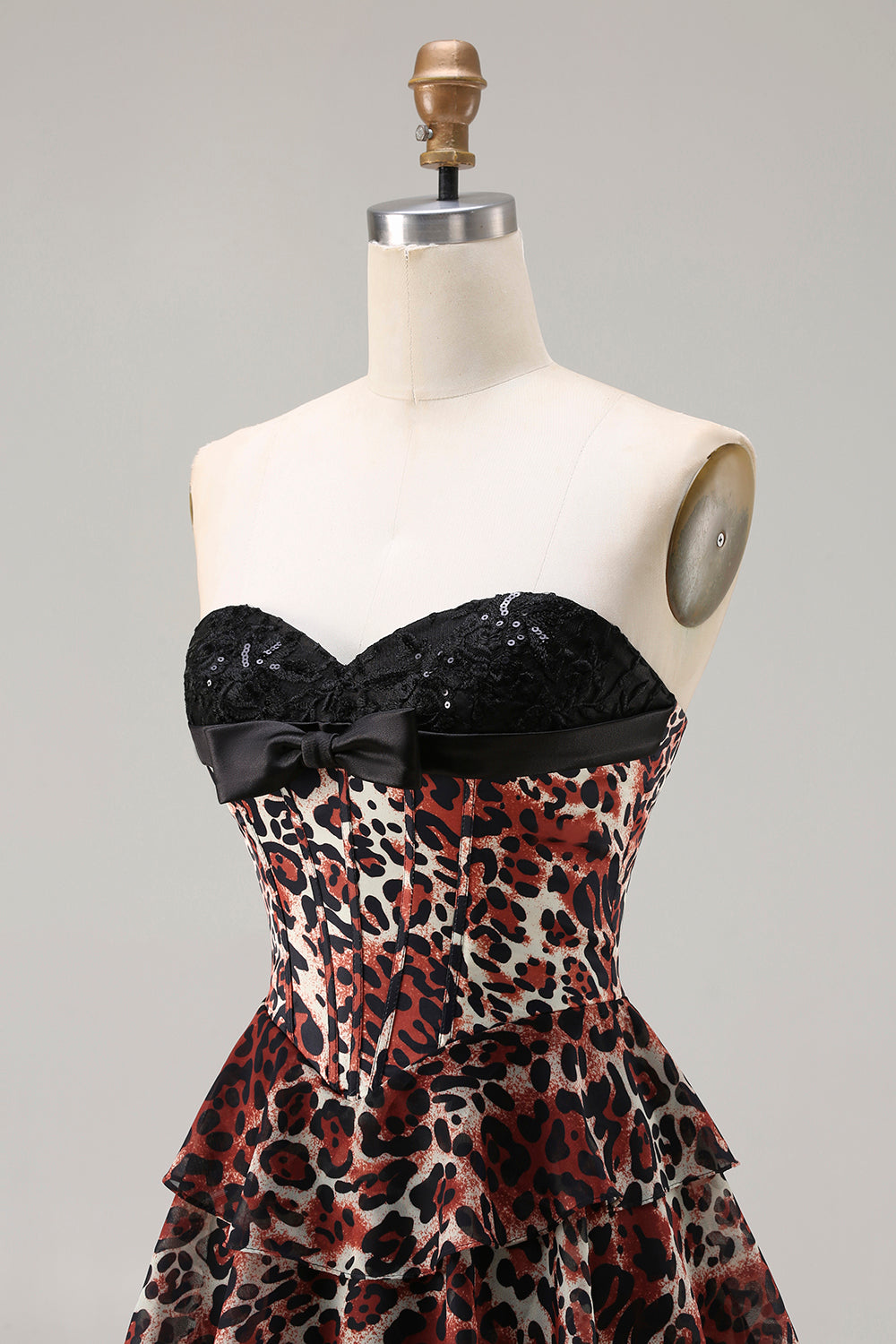 Brown Leopard Print A Line Tiered Ball Gown Long Corset Prom Dress