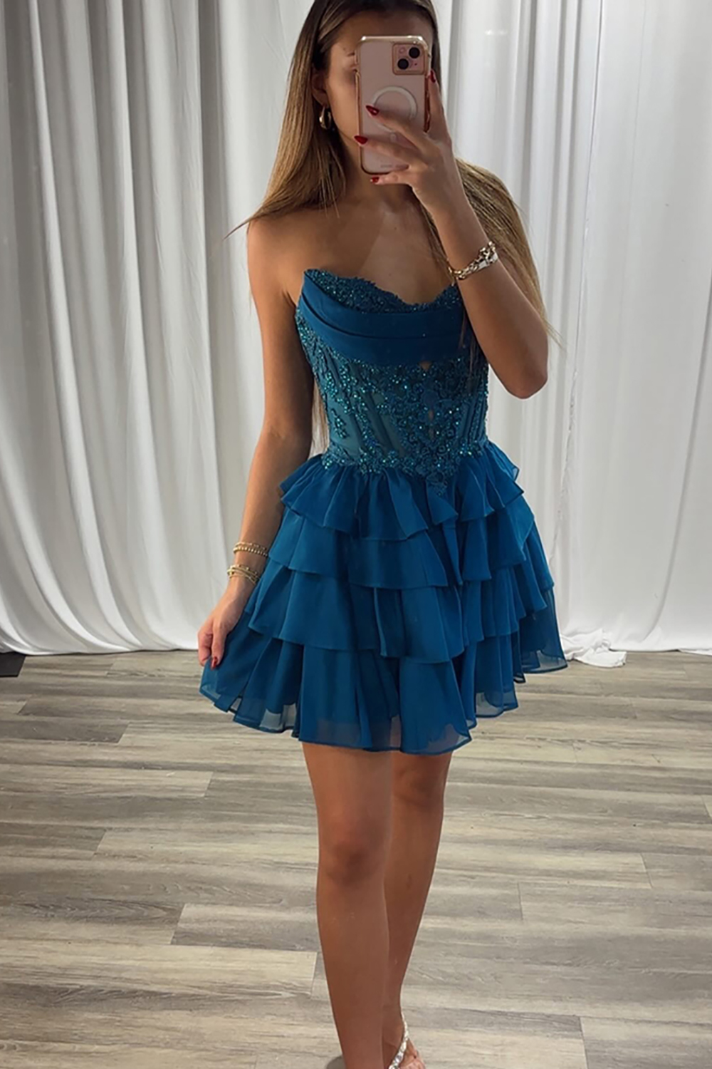 Sparkly Blue Tiered Sweetheart A-Line Short Corset Homecoming Dress with Appliques