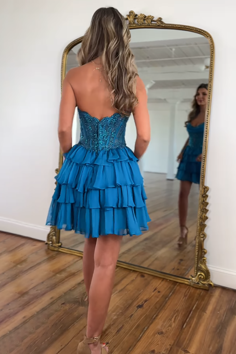 Sparkly Blue Sweetheart Chiffon A-Line Ruffled Corset Short Homecoming Dress with Beading