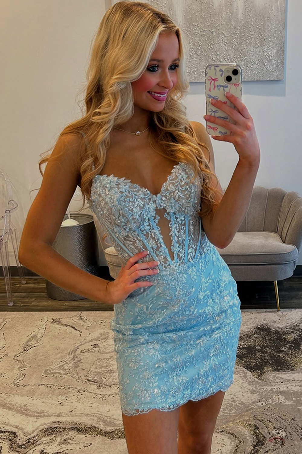 Pink Tight Corset Short Homecoming Dress with Appliques