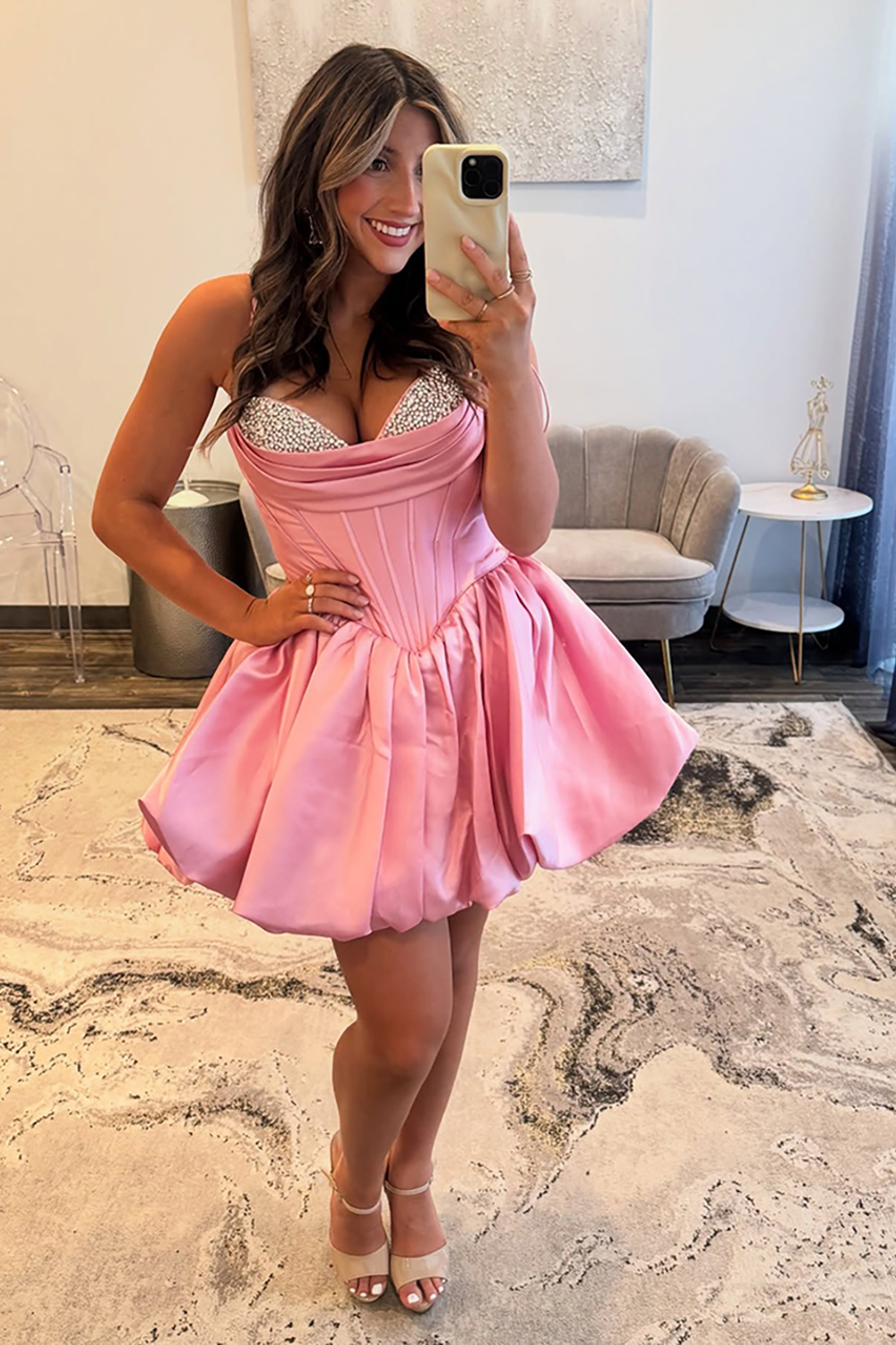 Sparkly Pink Spaghetti Straps A-Line Satin Corset Short Homecoming Dress with Beading