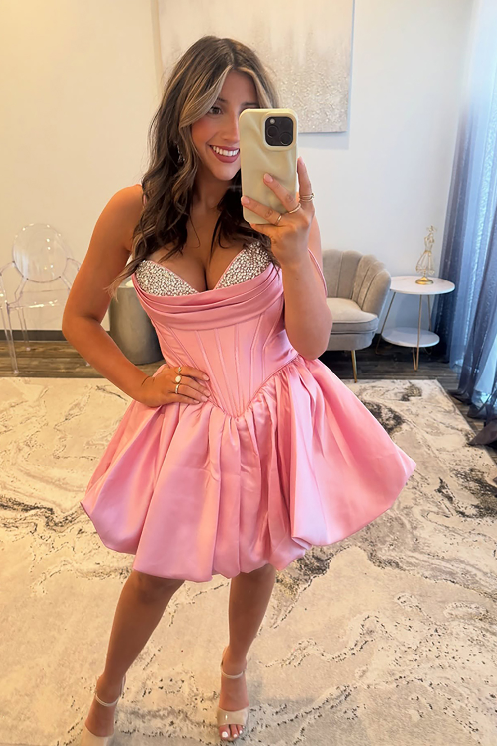 Sparkly Pink Spaghetti Straps A-Line Satin Corset Short Homecoming Dress with Beading