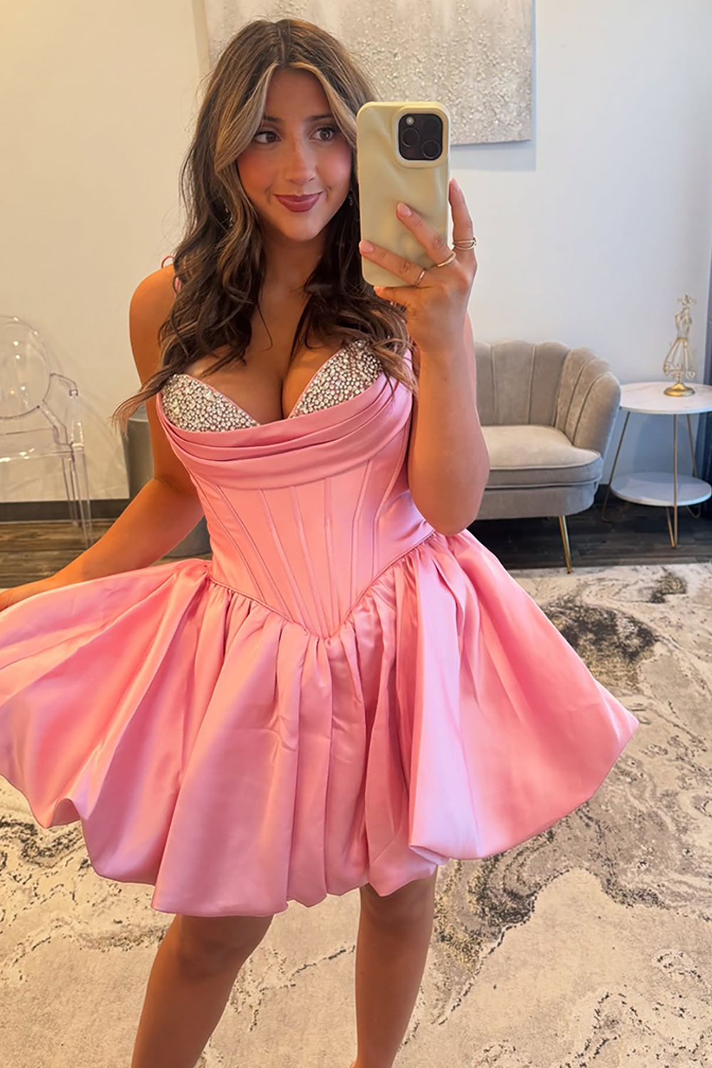 Sparkly Pink Spaghetti Straps A-Line Satin Corset Short Homecoming Dress with Beading