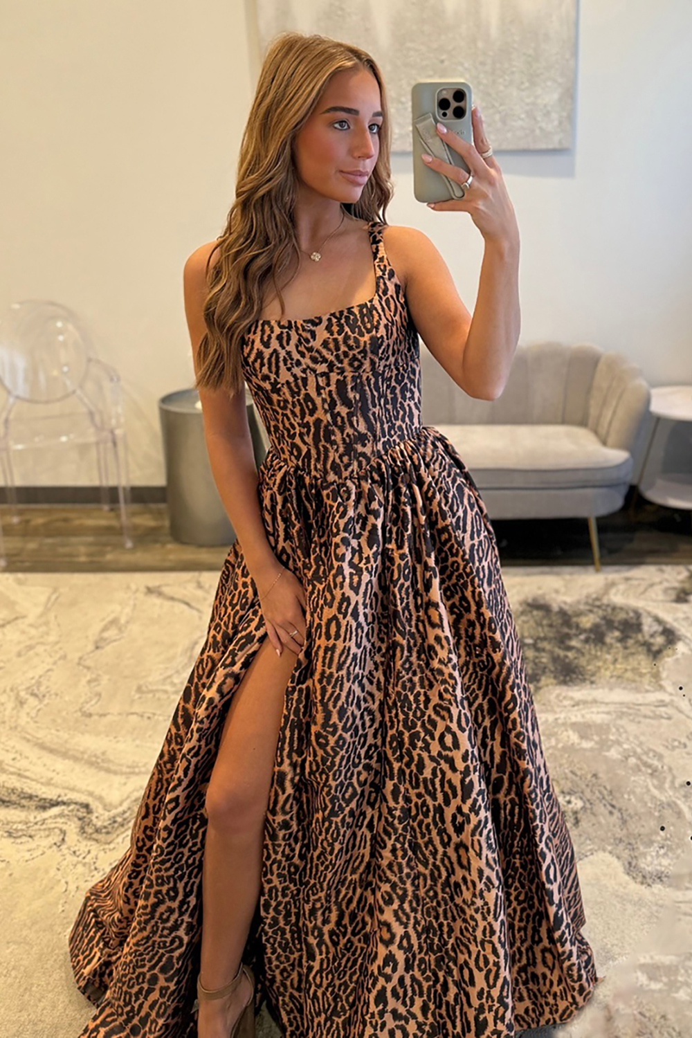 Brown Leopard Thick Straps A-Line Long Corset Prom Dress with Slit