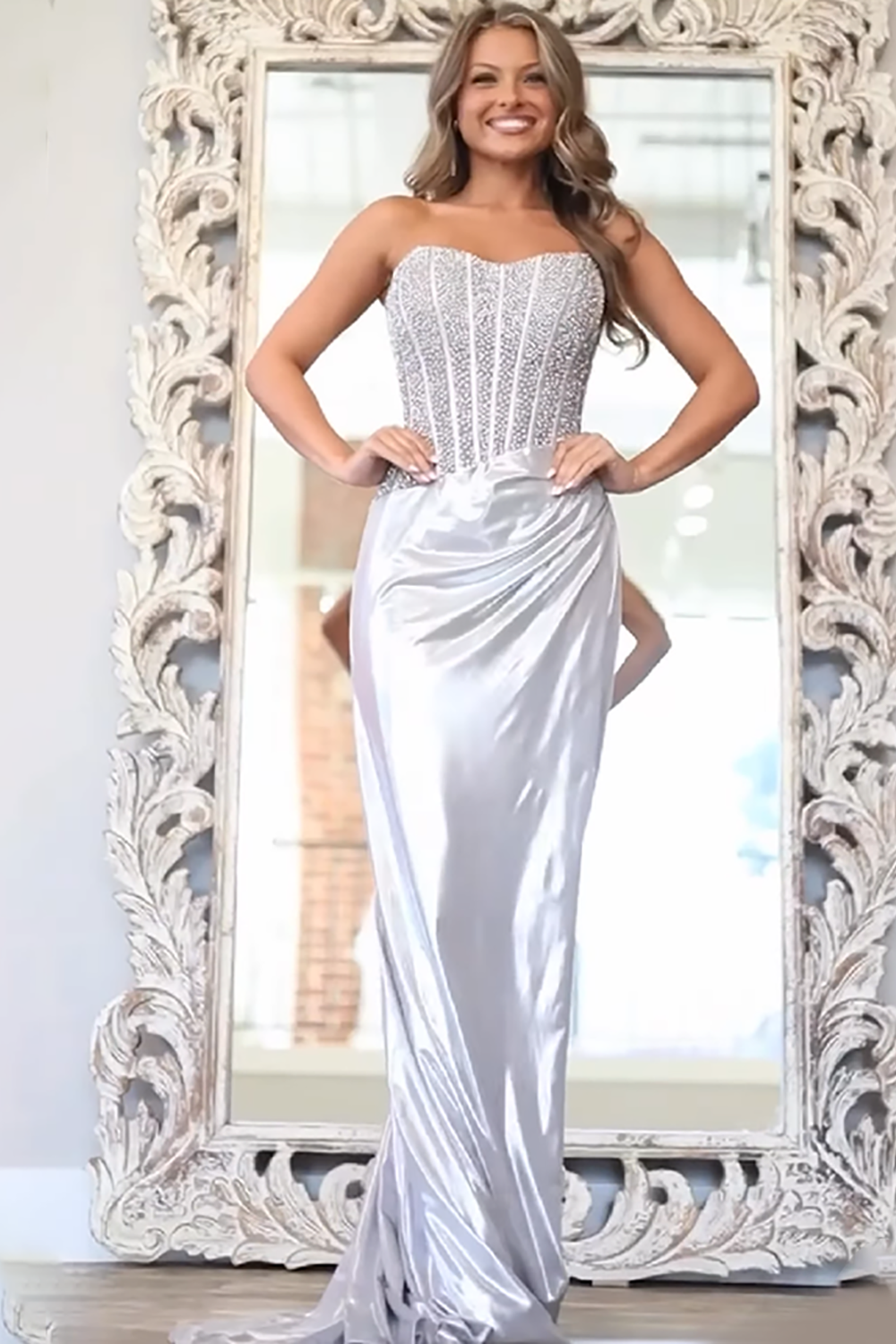 Sparkly Gold Strapless Metallic Mermaid Long Corset Prom Dress with Beading