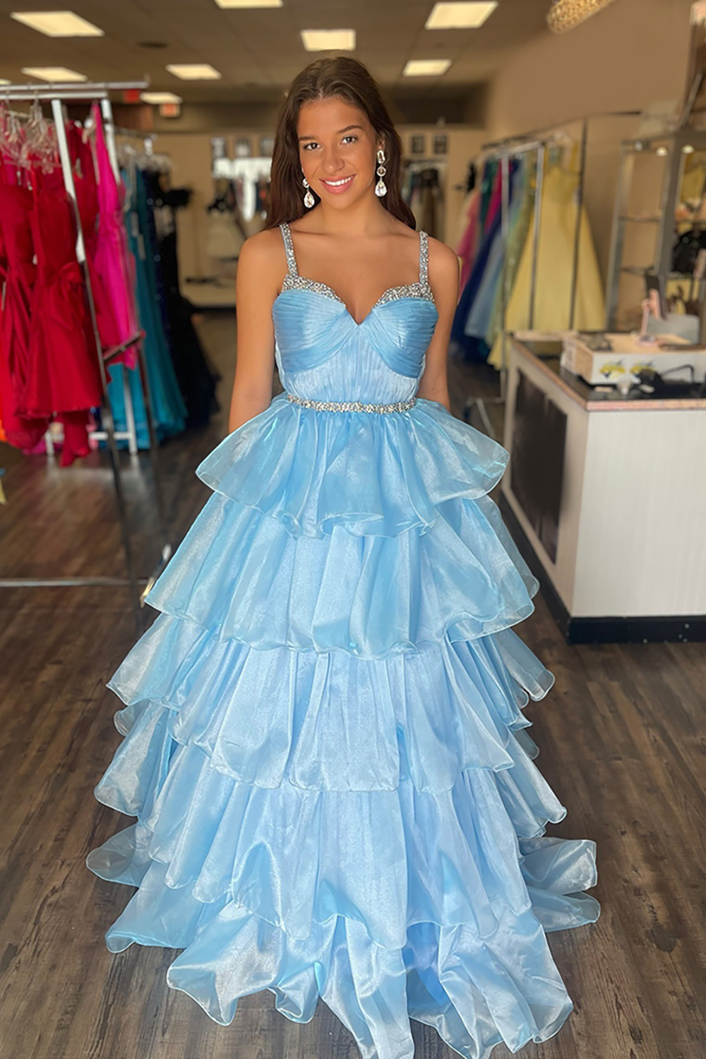 Sparkly Light Blue Spaghetti Straps Ruffled A-Line Long Prom Dress with Beading