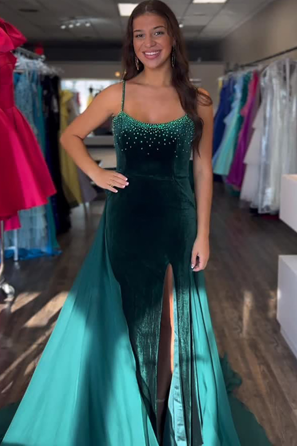 Sparkly Dark Green Spaghetti Straps Mermaid Velvet Long Prom Dress with Beading