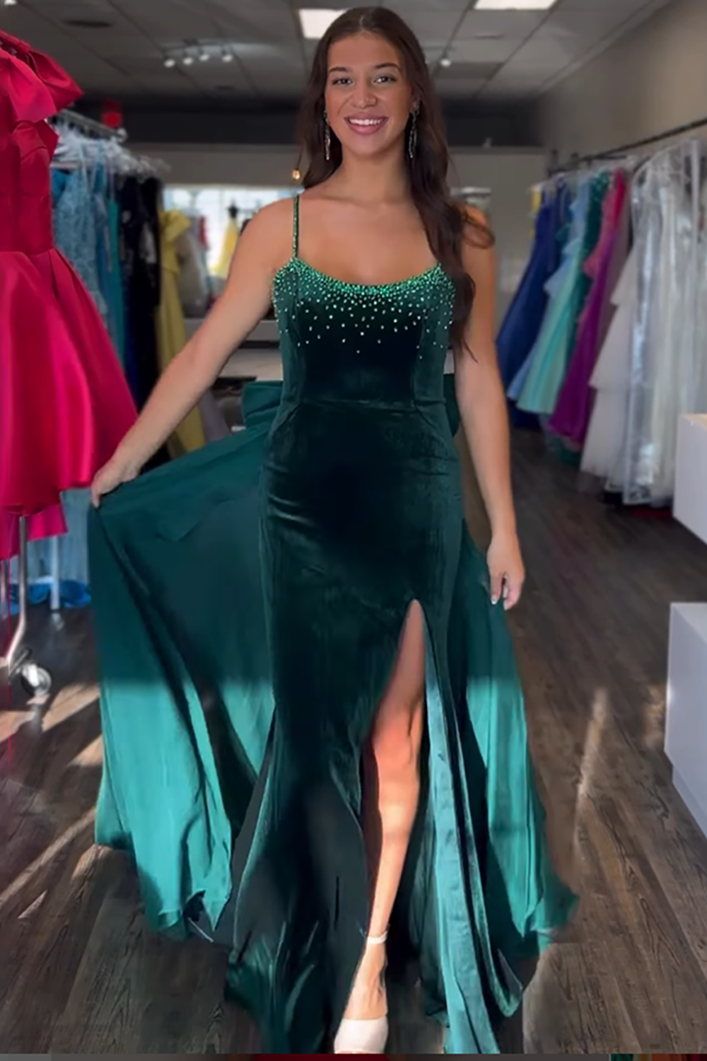 Sparkly Dark Green Spaghetti Straps Mermaid Velvet Long Prom Dress with Beading