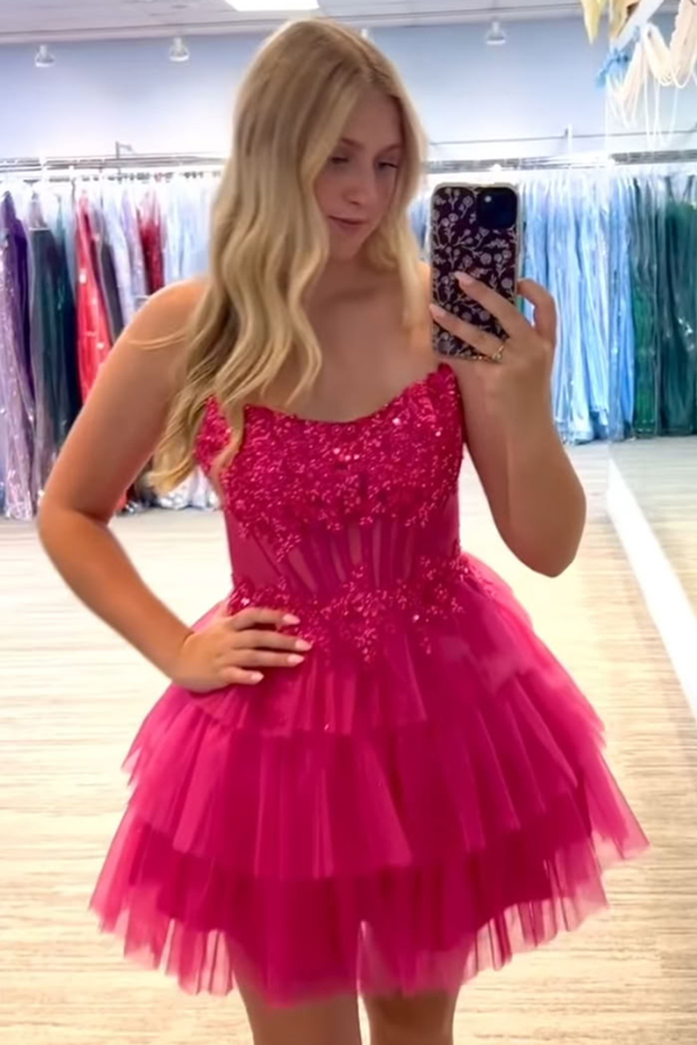 Sparkly Fuchsia Tulle Ruffled A Line Short Corset Homecoming Dress with Beading