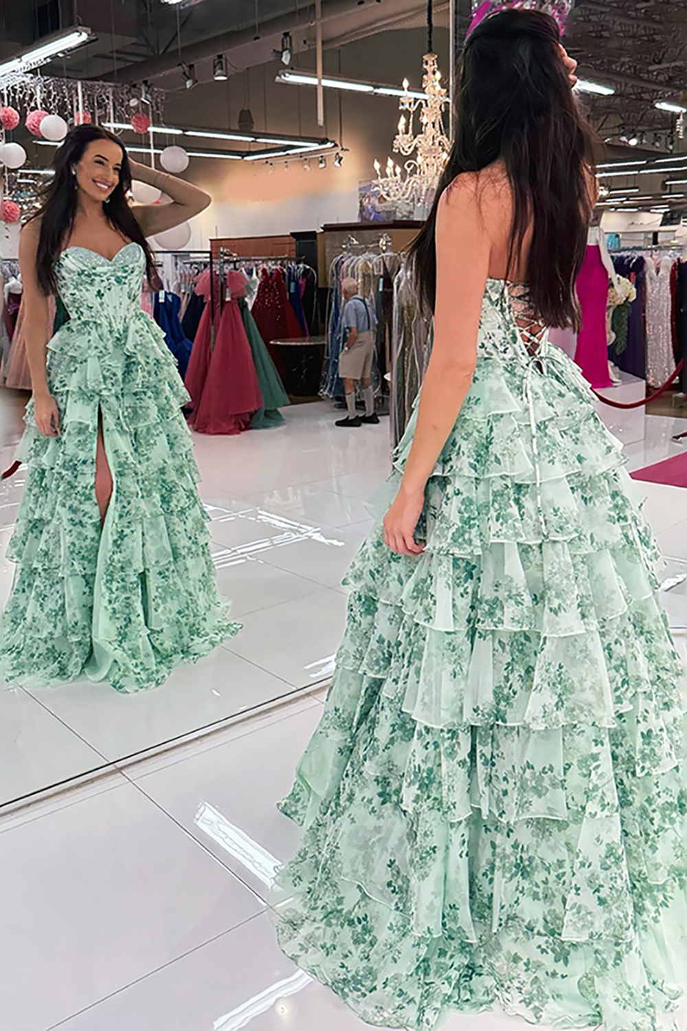 Light Green Floral Sweetheart A-Line Chiffon Ruffled Long Corset Prom Dress with Slit