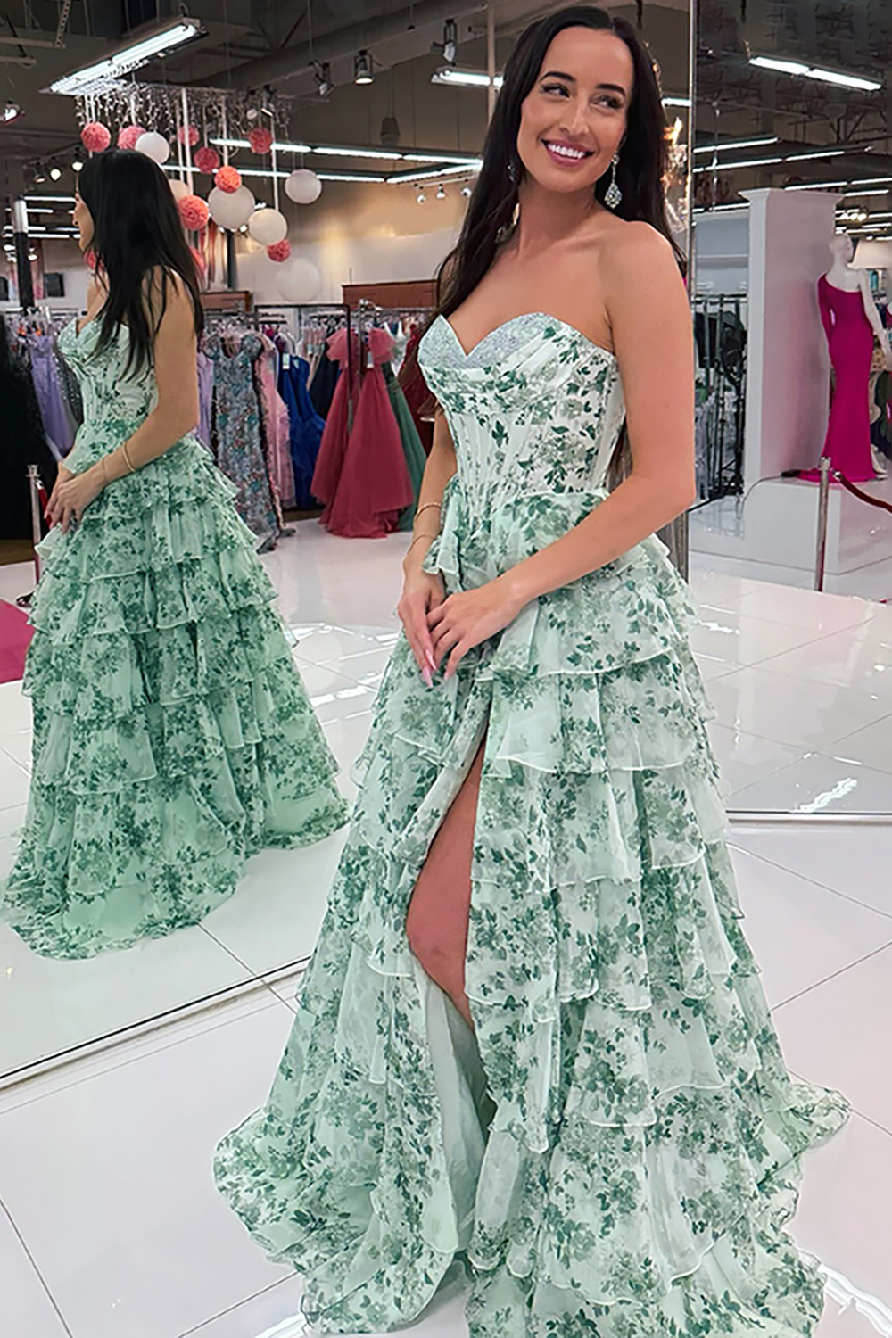 Light Green Floral Sweetheart A-Line Chiffon Ruffled Long Corset Prom Dress with Slit