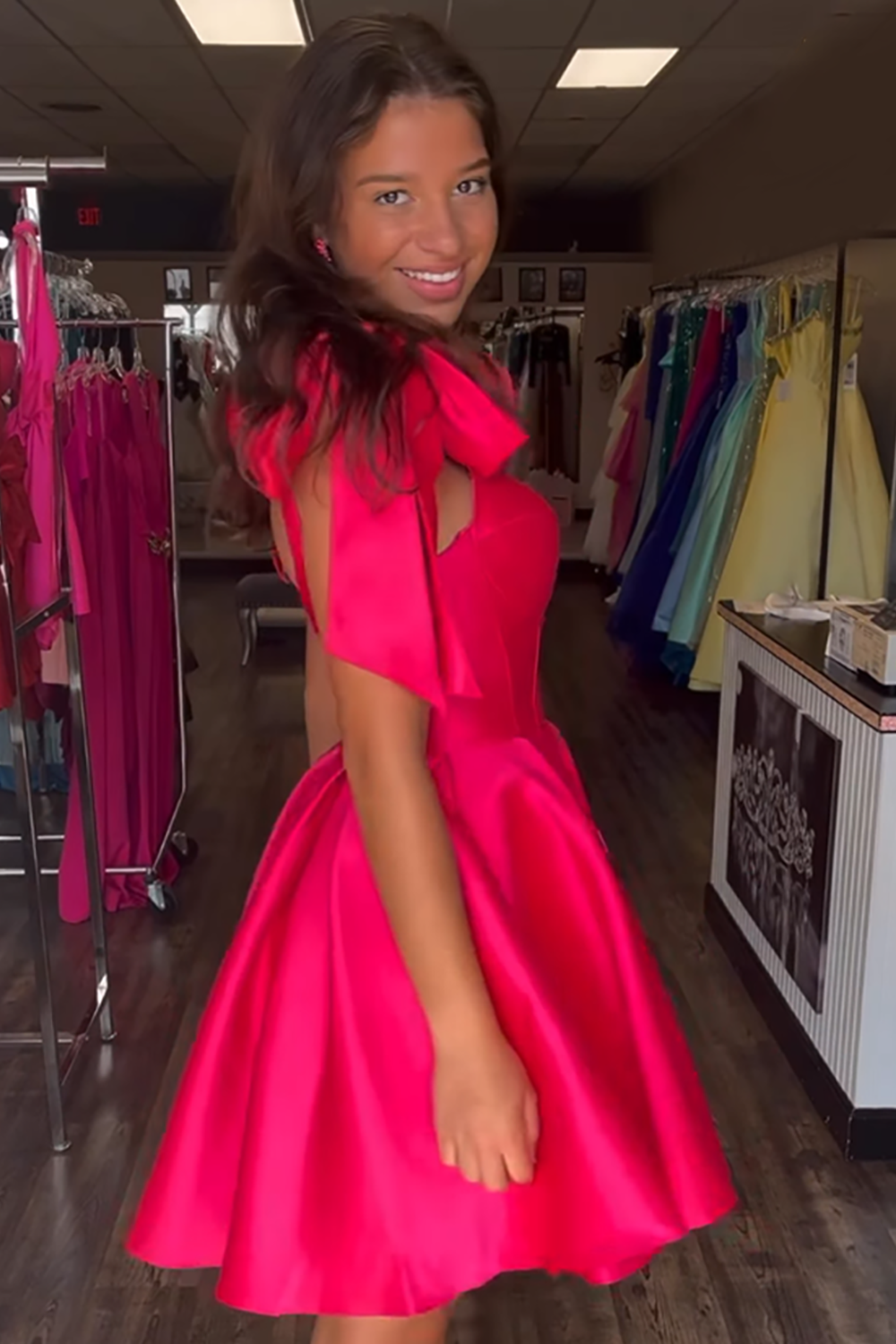 Red Spaghetti Straps Satin A-Line Short Homecoming Dress with Bows