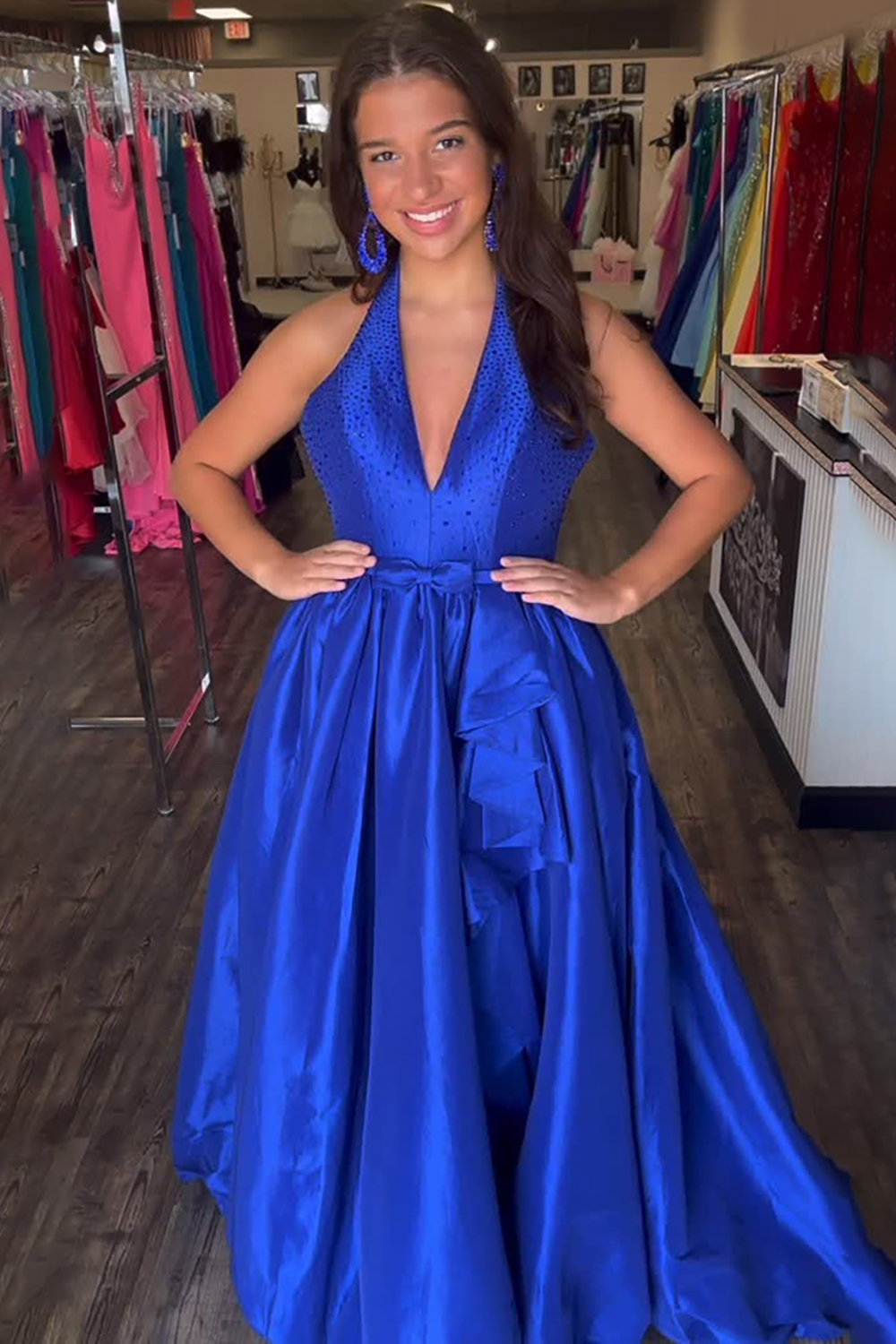 Sparkly Royal Blue Satin Halter A-Line Long Prom Dress with Beading