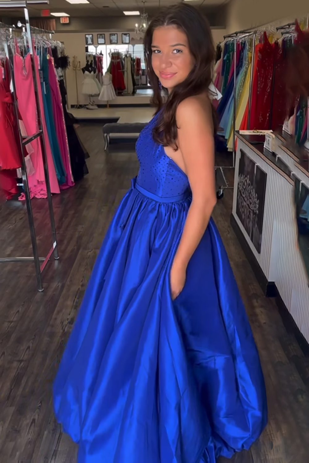 Sparkly Royal Blue Satin Halter A-Line Long Prom Dress with Beading