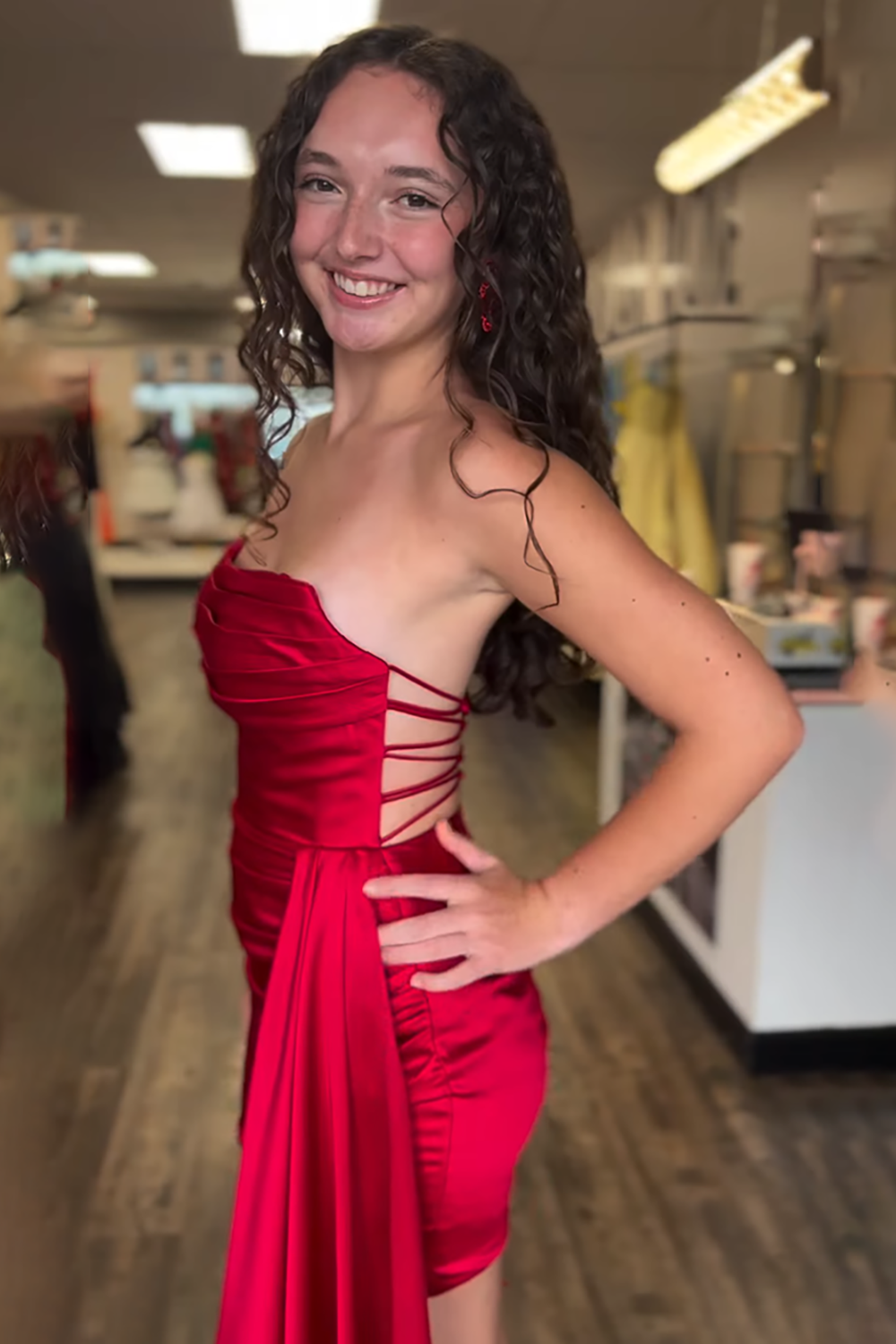 Red Strapless Satin Ruched Tight Short Homecoming Dress with Side Cape