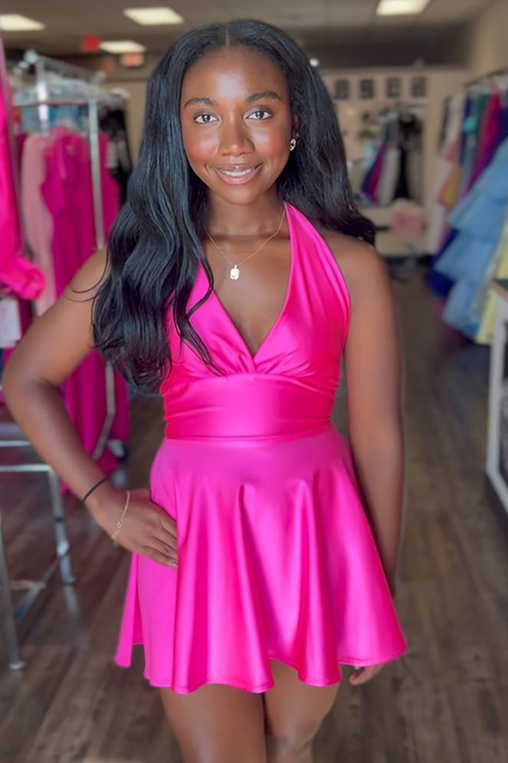 Simple Fuchsia Satin Halter A-Line Short Homecoming Dress with Bow