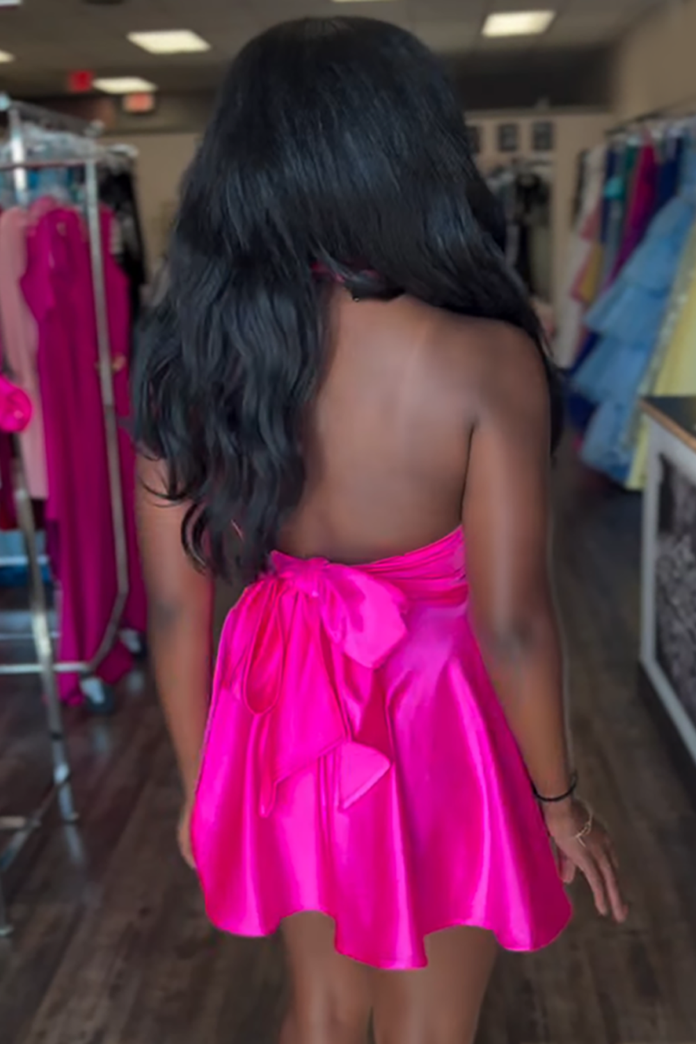 Simple Fuchsia Satin Halter A-Line Short Homecoming Dress with Bow