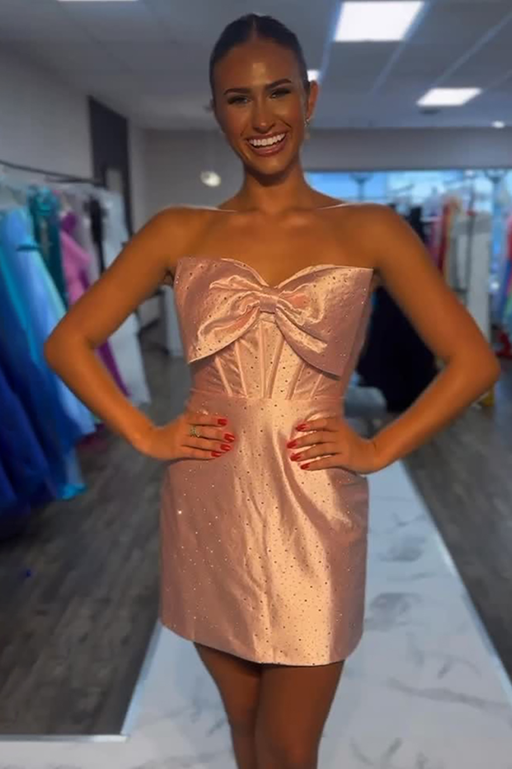 Sparkly Pink Sweetheart Satin Tight Corset Short Homecoming Dress with Beading