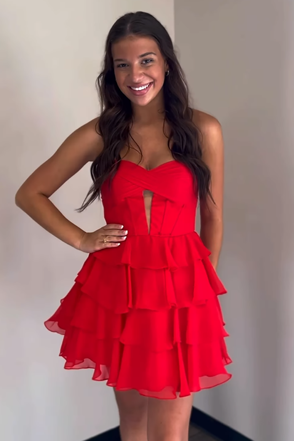 Red Sweetheart A-Line Chiffon Ruffled Corset Short Homecoming Dress