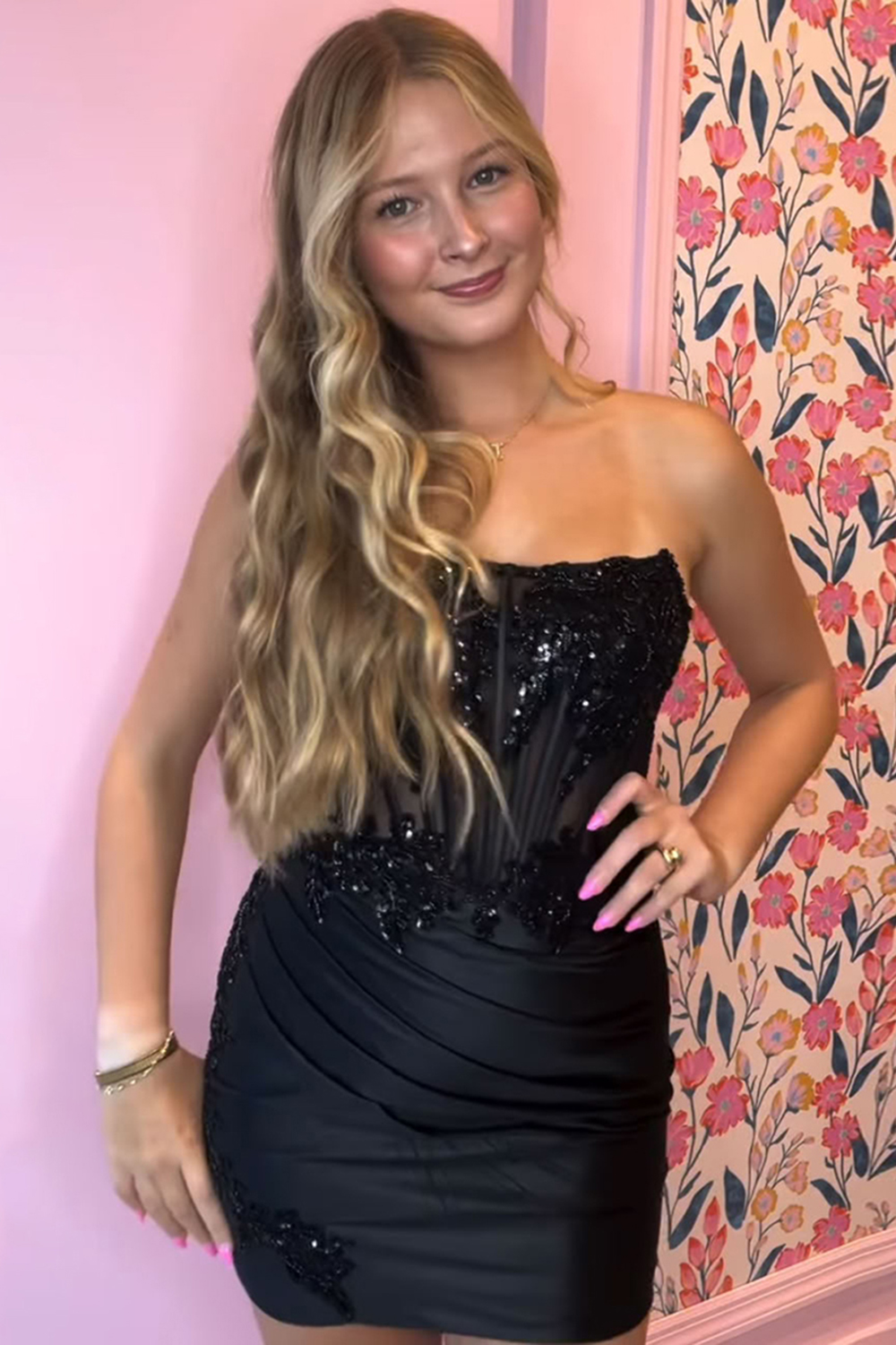 Sparkly Hot Pink Strapless Satin Tight Corset Homecoming Dress with Appliques