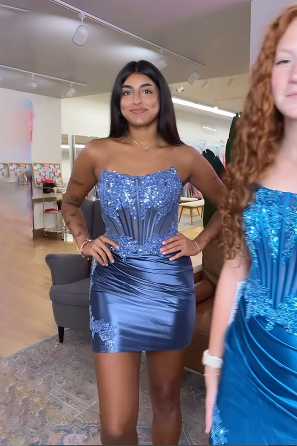 Sparkly Hot Pink Strapless Satin Tight Corset Homecoming Dress with Appliques