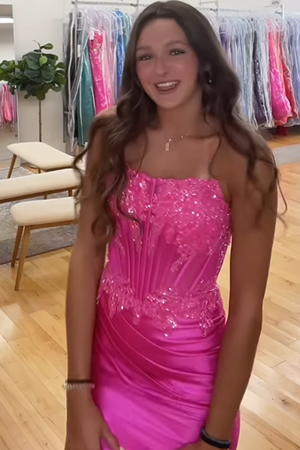 Sparkly Hot Pink Strapless Satin Tight Corset Homecoming Dress with Appliques